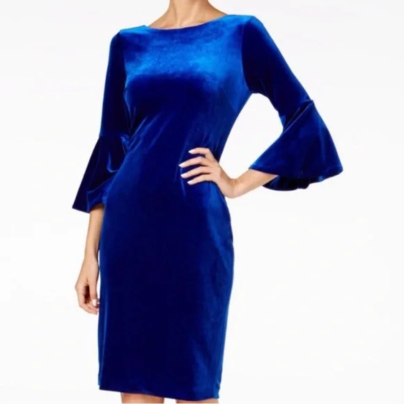 Calvin Klein Velvet Bell Sleeve Sheath Dress - Picture 2 of 13
